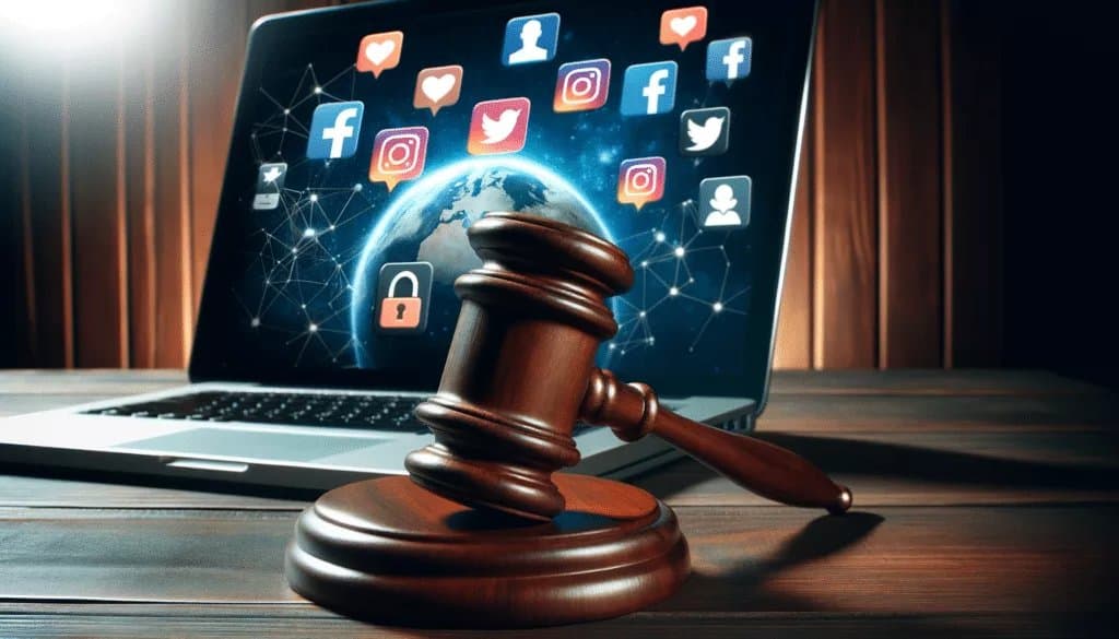 Gavel et ordinateur avec icônes de médias sociaux représentant le contrôle juridique