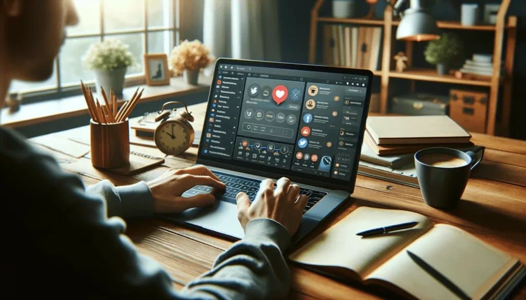 Individual working remotely on social media scheduling on a laptop.