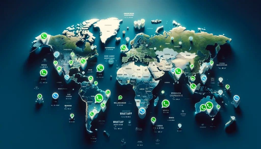凸显 WhatsApp 全球广泛用户群的世界地图，展示其对国际通信的影响。