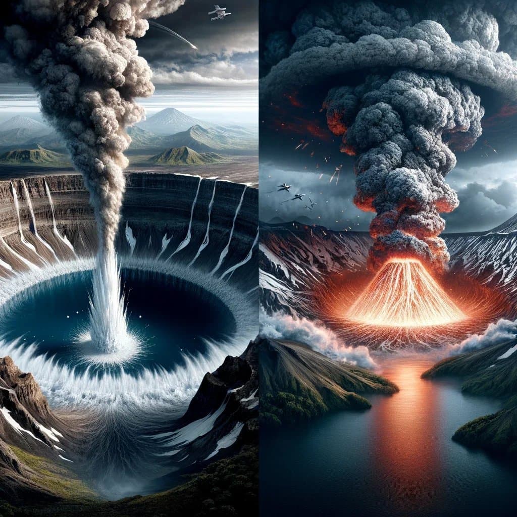 Earth's mysteries - Combined depiction of an exploding crater lake and Mount Tambora's 1815 eruption, showcasing Earth's volatile geological phenomena.