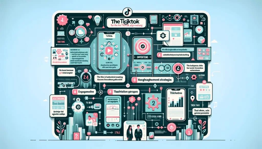 TikTok Algorithm : Infographic on optimizing content for TikTok algorithm with tips on video length, hashtags, and engagement.