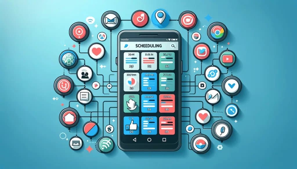 Smartphone displaying interfaces of various social media scheduling apps.