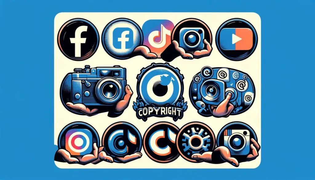社交媒体版权法：带有版权符号的 Facebook、Instagram、YouTube、Twitter 和 TikTok 徽标插图，强调社交媒体版权法。.