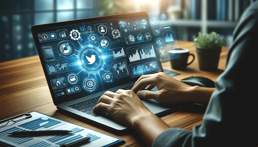 Person analyzing and comparing data on laptop using multiple social media analytics tools.