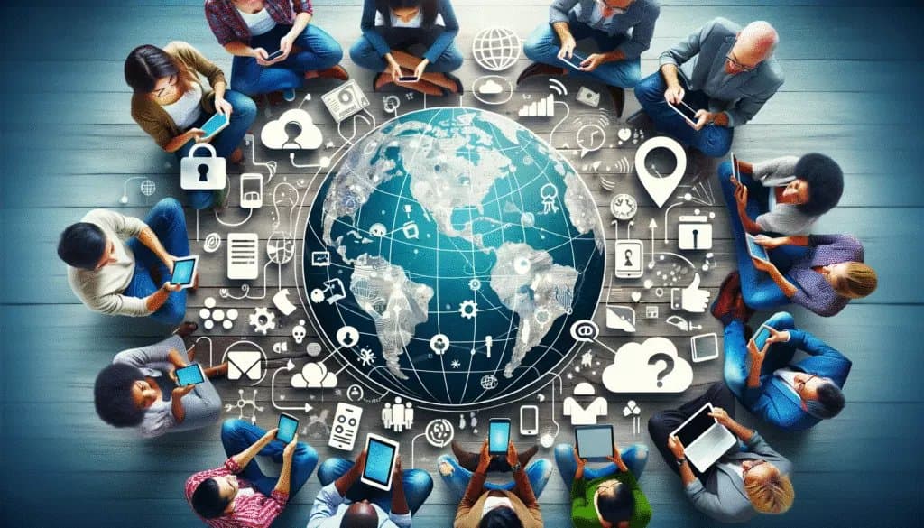 Diverses personnes utilisant différents appareils pour accéder aux médias sociaux.