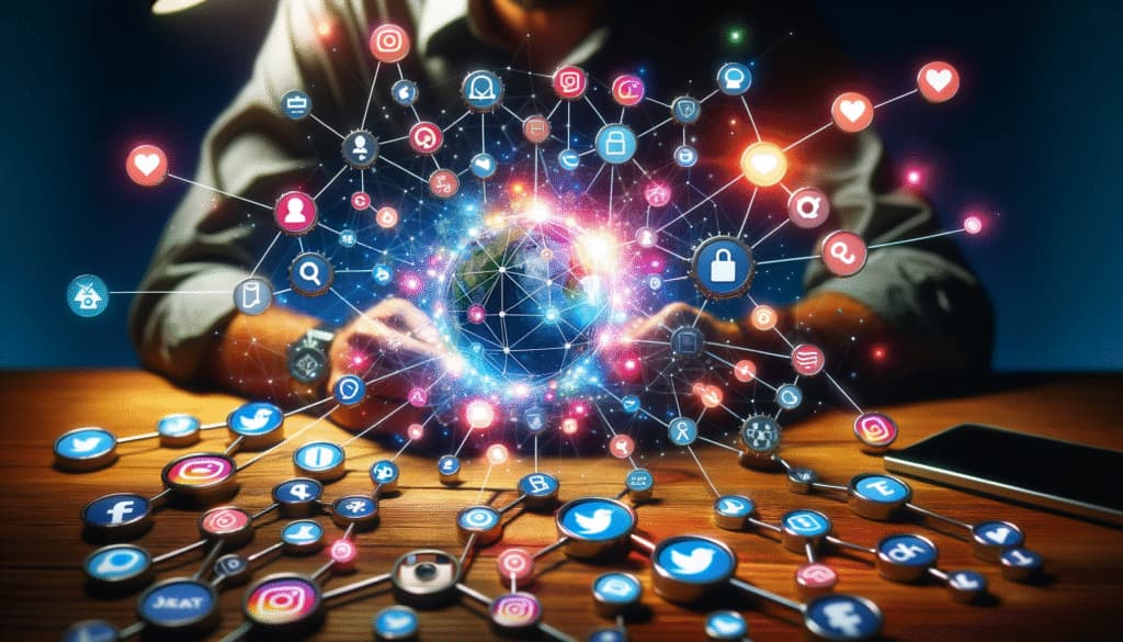 Backlink Building on Social Media : Network of interconnected social media icons symbolizing backlinks.