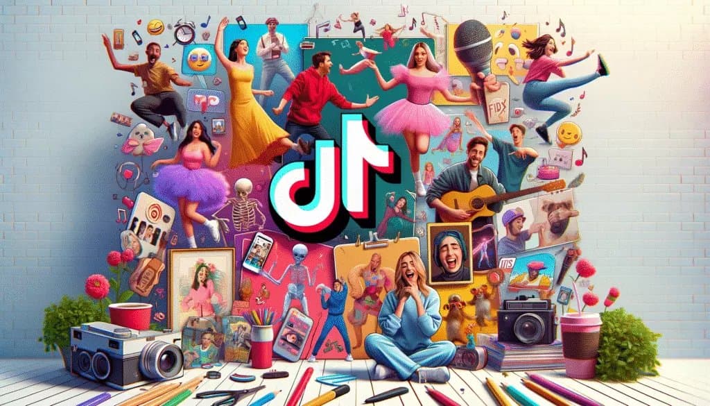 TikTok Algorithm : Diverse TikTok content types including dance, DIY tutorials, and comedy in a vibrant collage format.