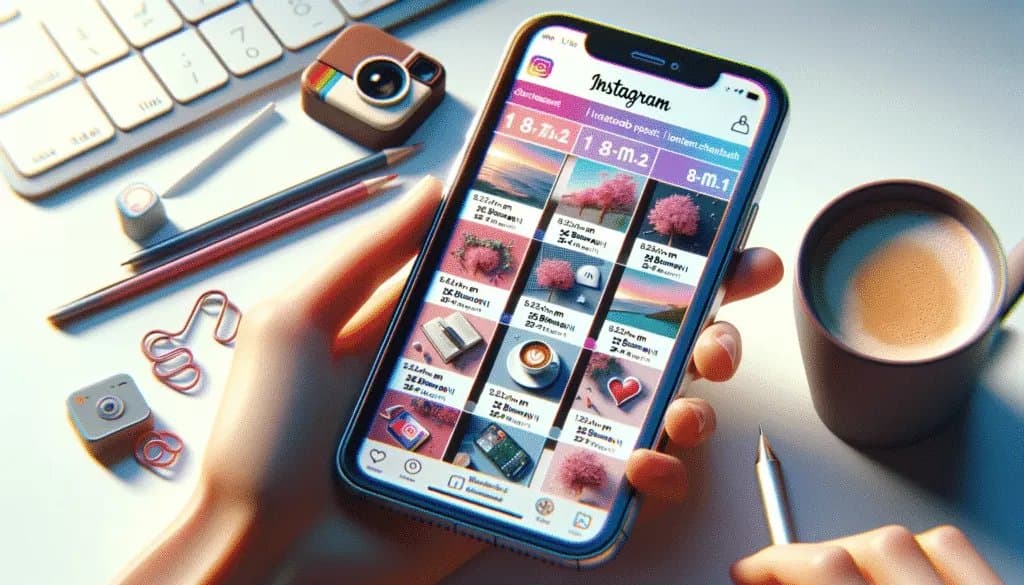 Guide to Instagram Content Planning & Scheduling Strategies. 2 Instagram post schedule displayed on mobile with diverse content types.