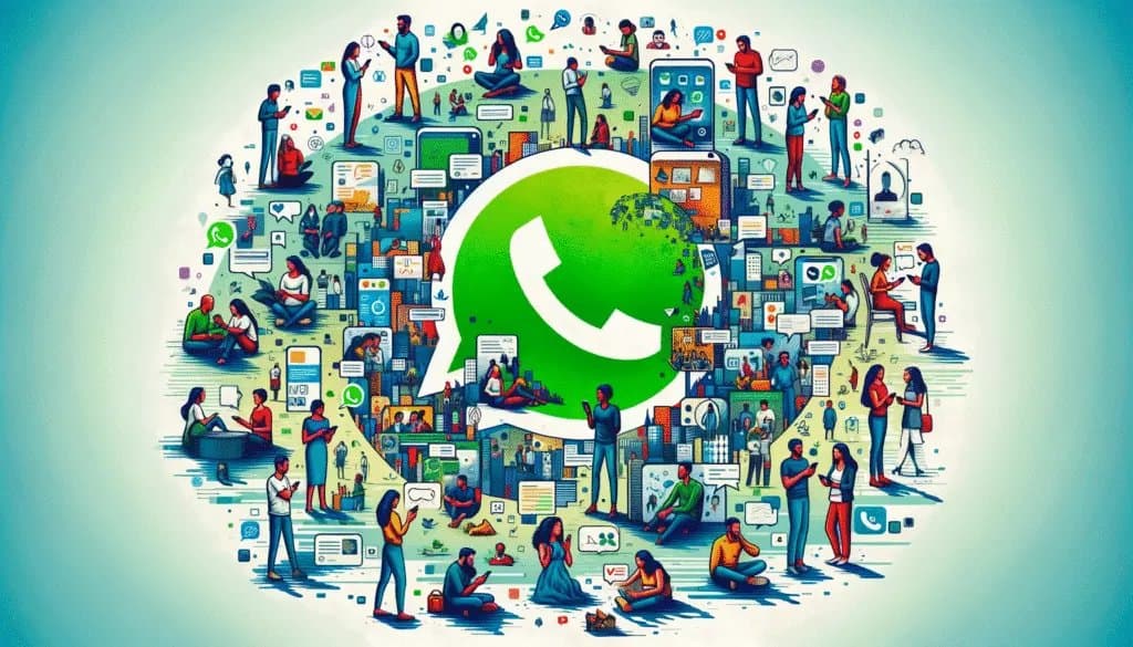 艺术地描绘了不同社会群体使用 WhatsApp 的情况，展示了 WhatsApp 对个人和职业关系的深远影响。
