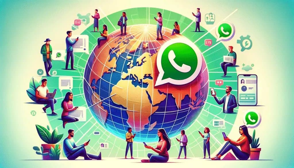图示全球各地的人们使用 WhatsApp 进行跨时区联系，凸显其在消除距离方面的作用。