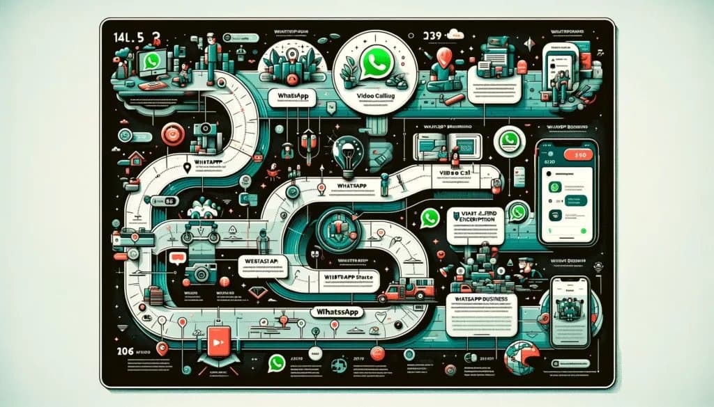 信息图表详细介绍了 WhatsApp 的主要更新和功能，包括端到端加密、语音/视频通话和 WhatsApp Business。