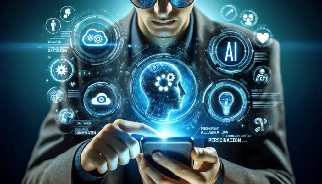 The Revolutionary Future of Social Media: Exploring 2024 and Beyond 7 A person using a smartphone with AI algorithms for personalized social media content.