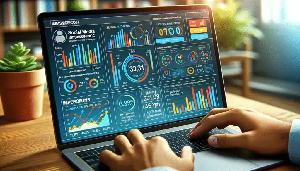 Écran d'ordinateur portable affichant un tableau de bord détaillé des statistiques d'impression des médias sociaux.