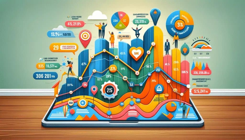 Graphical representation of lead generation success in social media with key metrics analysis.