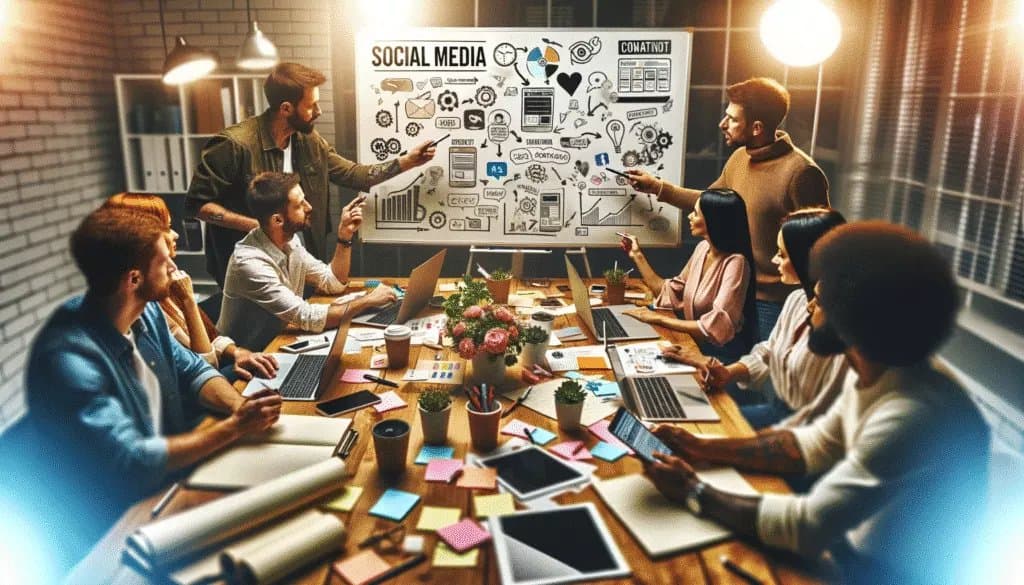 Diverse team engaged in a brainstorming session for social media content, highlighting collaboration and creativity.