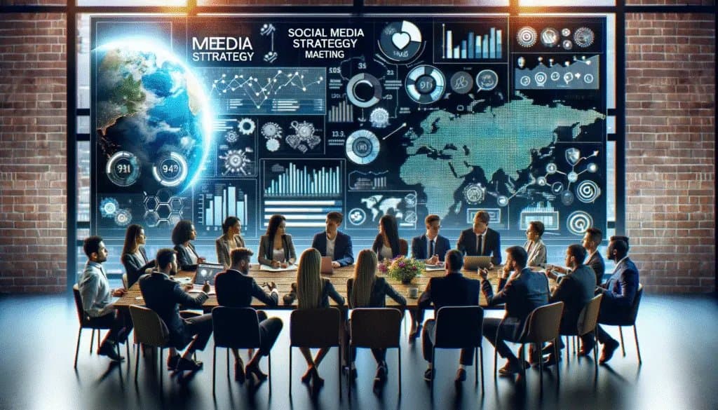 Diverse team engaged in social media strategy meeting with analytics display.