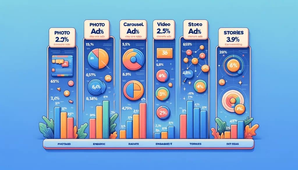 Comparative chart of social media ad formats including photo, video, carousel, and stories ads, showcasing engagement and conversion rates.