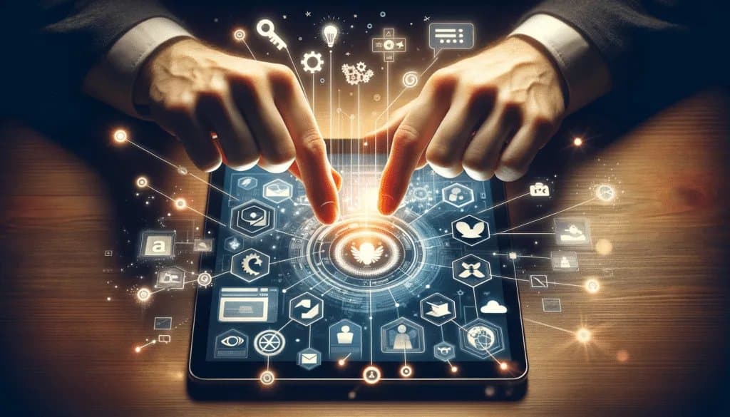 Utilisateur personnalisant son expérience des médias sociaux sur une tablette à l'aide d'outils open source.