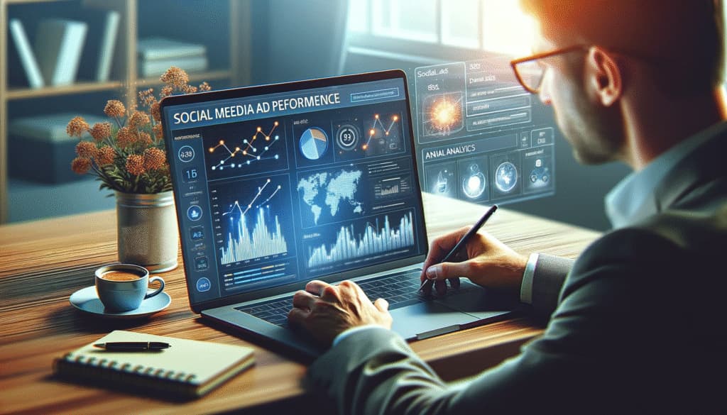 Marketer analyzing social media ad performance with Google Analytics, displaying graphs and data analytics on a computer screen.