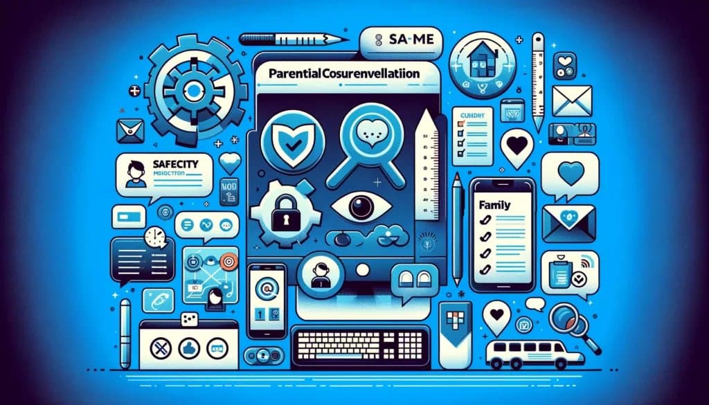Visual guide to parental control tools and online safety measures for monitoring social media use.