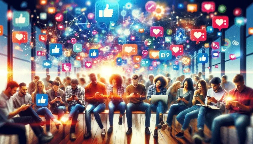 Un groupe diversifié s'engageant dans les médias sociaux, avec des likes, des commentaires et des partages.