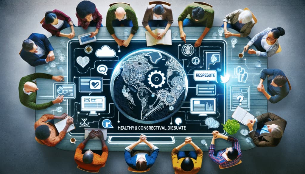 Diverse group engaging in constructive online debate on a social media platform
