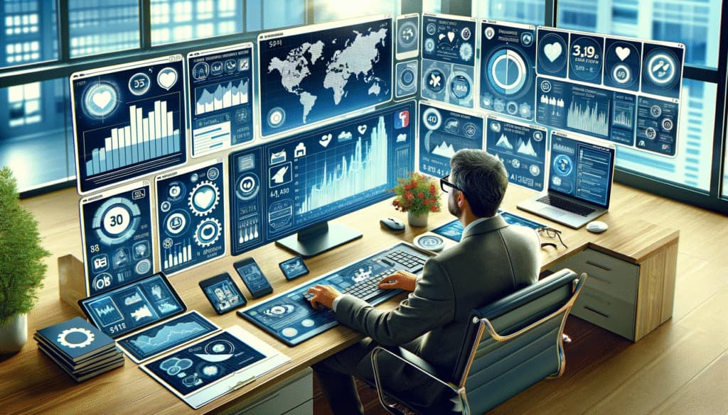 Professional analyzing social media audit data with graphs and metrics on multiple screens.