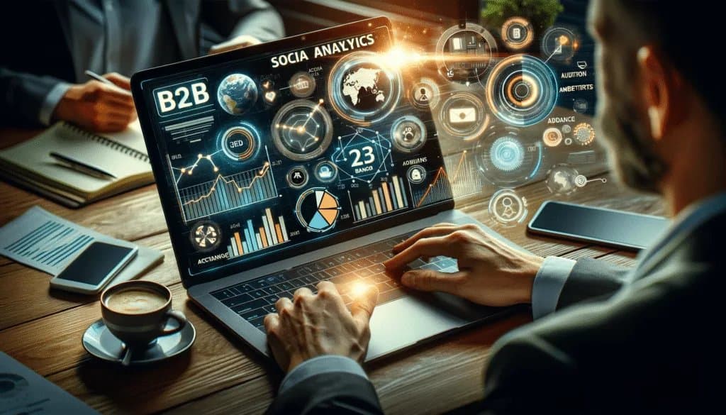 Бизнес-профессионал анализирует показатели социальных сетей B2B на ноутбуке.