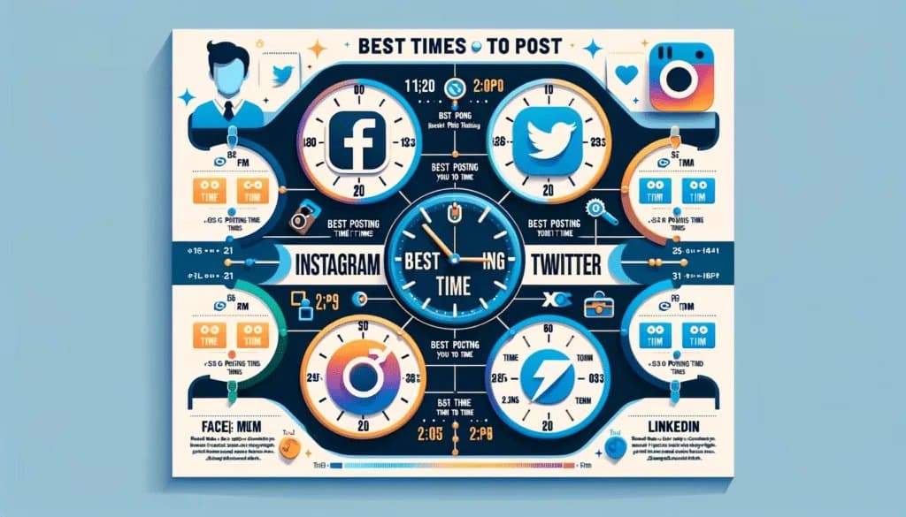 Best Time to Post on Social Media: Unlocking the Secrets in 2024 7 Infographic highlighting optimal posting times on Facebook, Instagram, Twitter, LinkedIn.