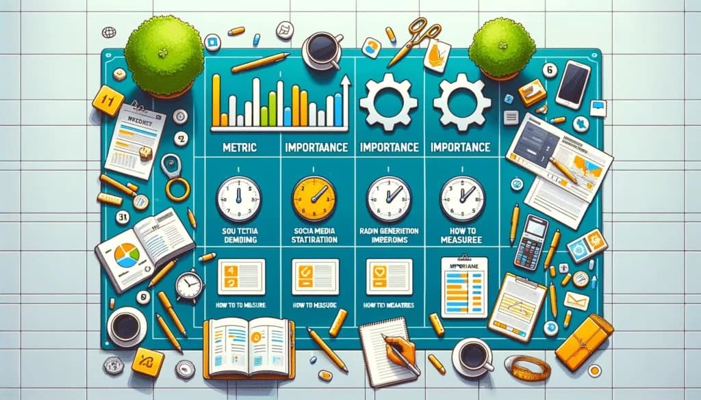 Table showing key metrics for tracking social media lead generation success including conversion rate, engagement rate, and CTR.