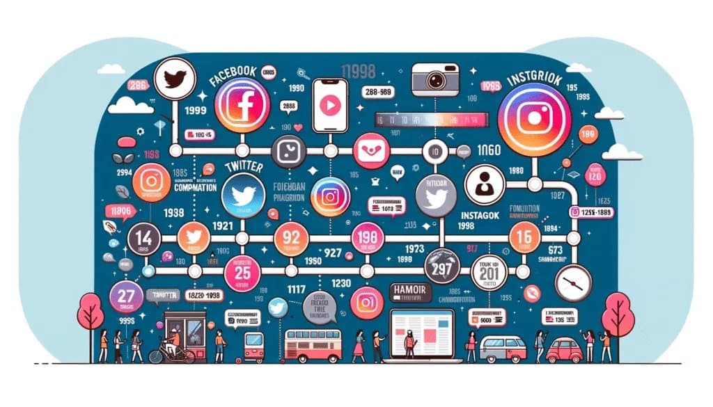 以 Facebook、Twitter、Instagram 和 TikTok 的重要里程碑展示社交媒体发展历程的信息图表。