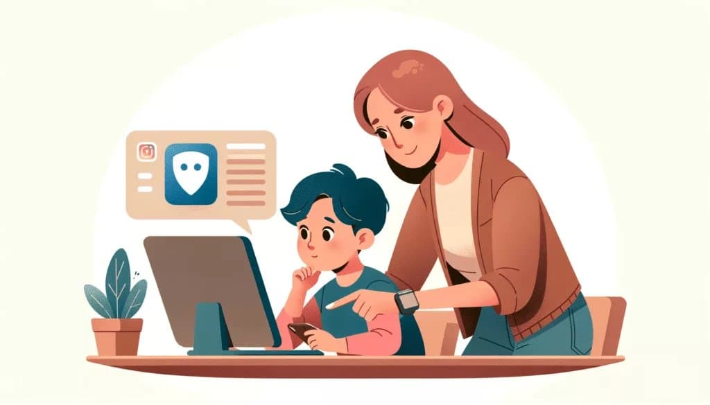 Parent and child discussing social media safety, highlighting the importance of guidance and understanding.