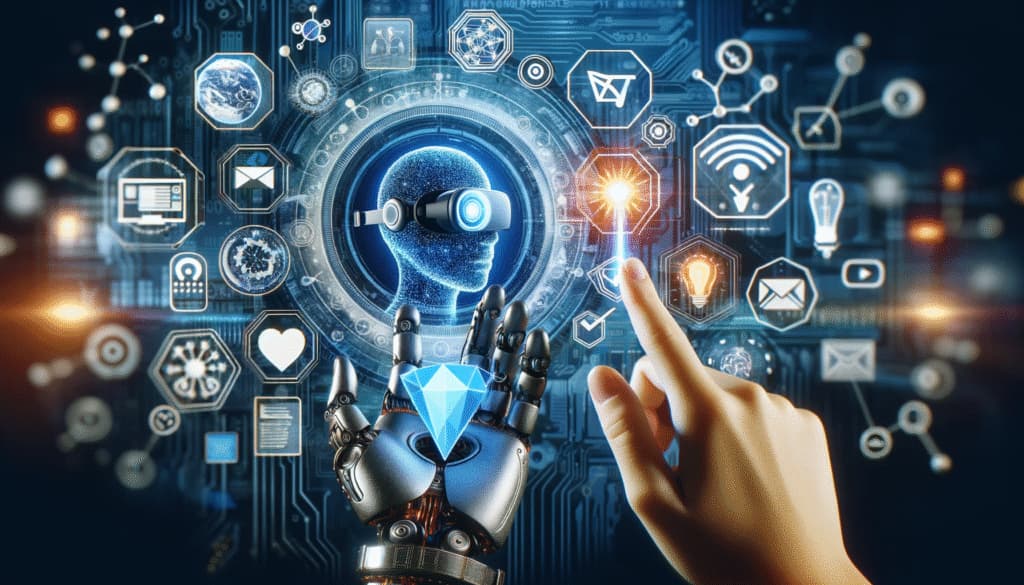 Futuristic depiction of social media advertising trends with AI, AR/VR technologies, and personalized ad experiences.