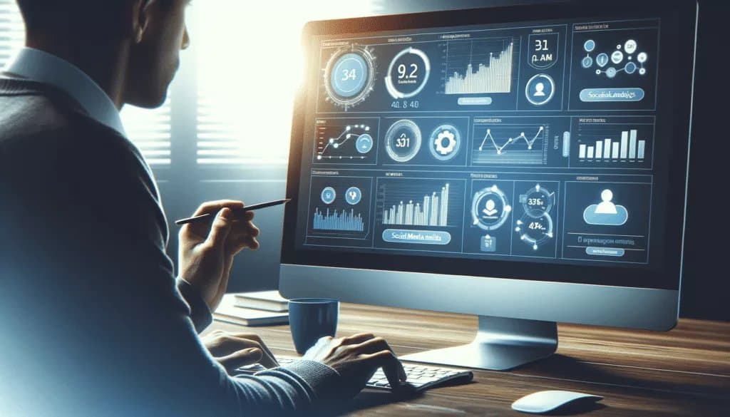 Person analyzing social media metrics on a computer with graphs and stats.