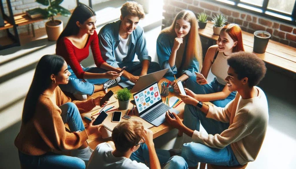 Diverse group of teenagers using social media for positive interactions and creative projects.