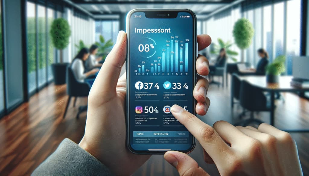 Gros plan d'un smartphone affichant un nombre élevé d'impressions sur les médias sociaux.