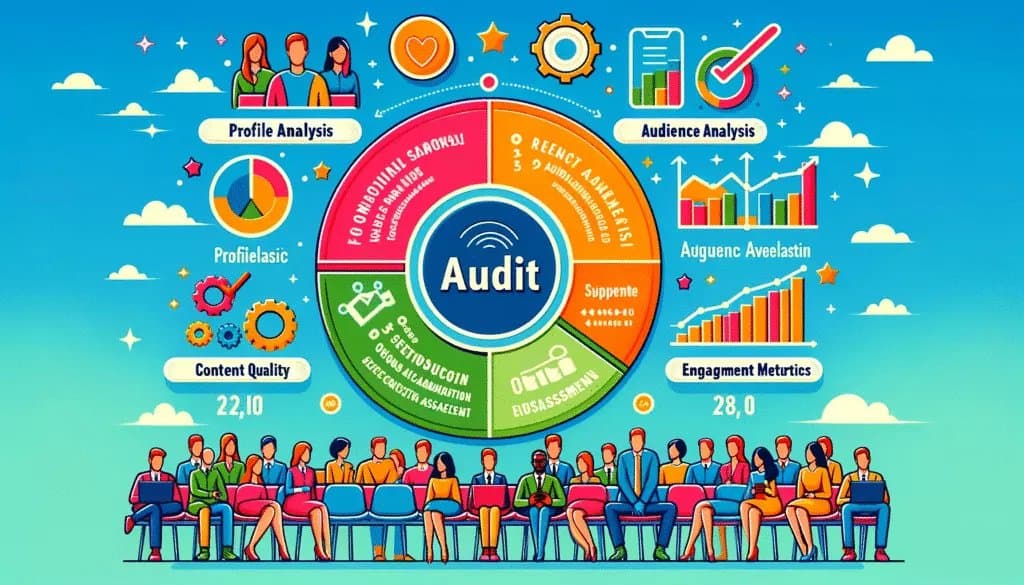 Colorful infographic illustrating the essential steps of a social media audit, including profile and audience analysis.
