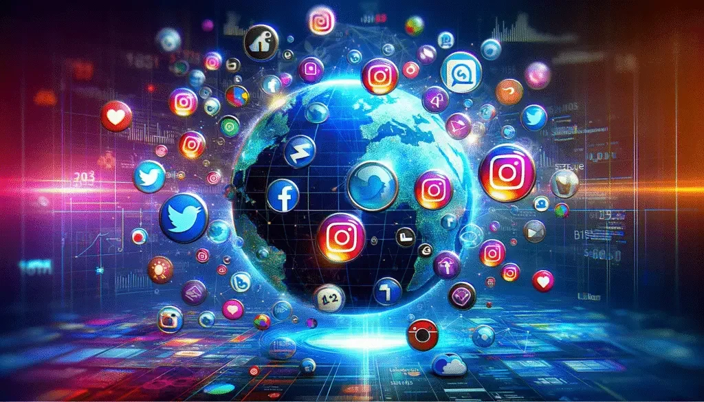 Best Time to Post on Social Media: Unlocking the Secrets in 2024 6 Social media icons around a digital globe symbolizing global impact.