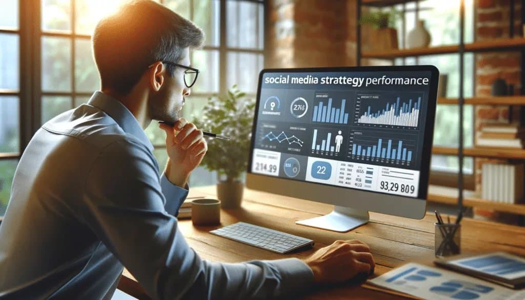 Professional analyzing social media strategy performance with graphs and statistics on a computer screen.