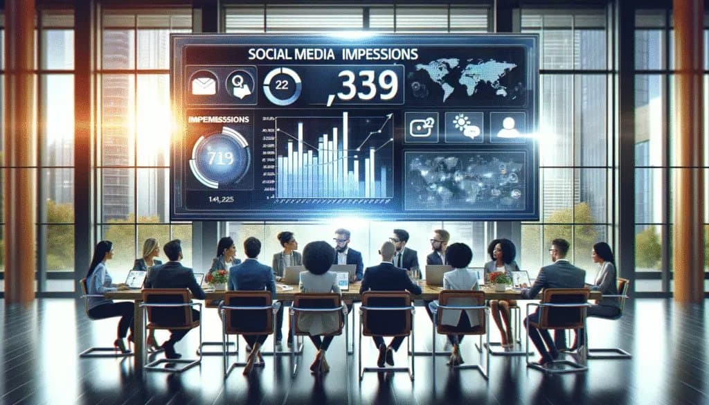 Une équipe de marketing numérique diversifiée analyse les données d'impression des médias sociaux sur un écran.