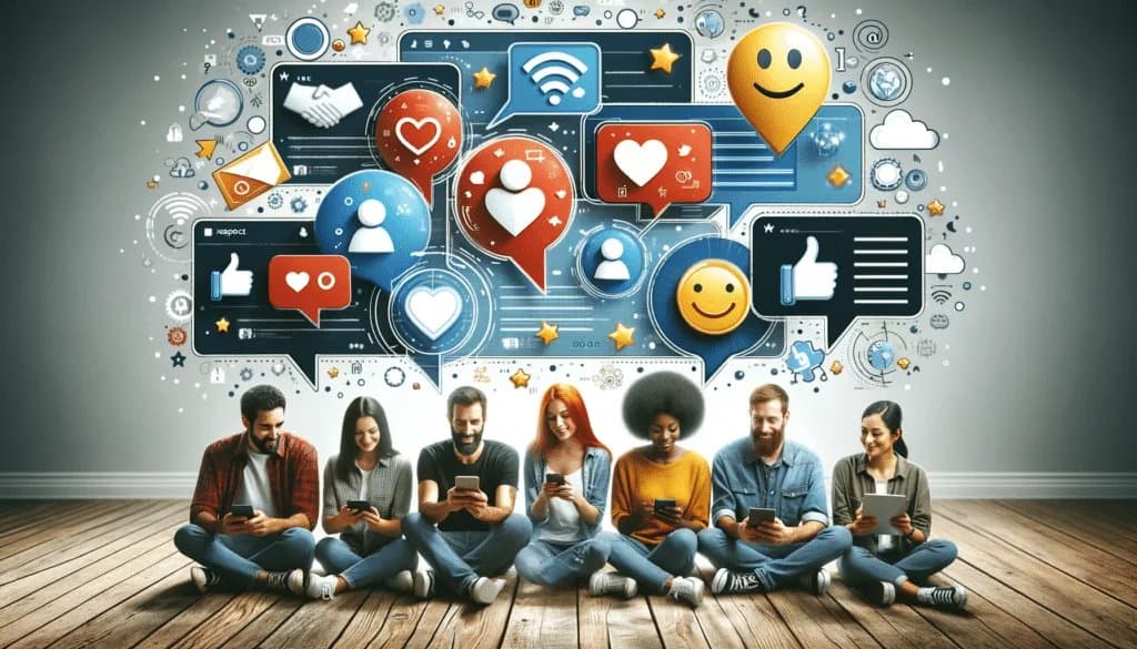 Diverse people engaging in respectful social media interactions with speech bubbles and emojis