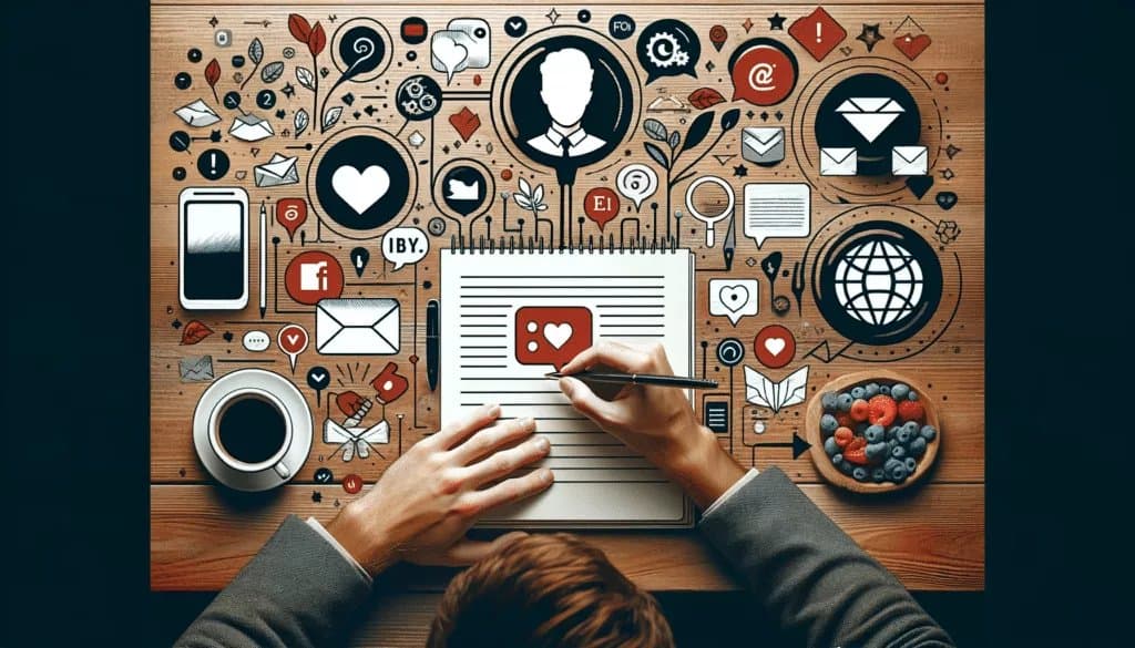 Crafting engaging messages for social media campaigns, surrounded by social media icons and engagement symbols.