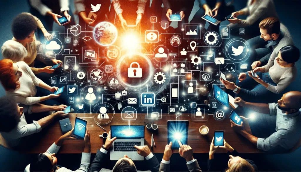 Diverse group engaging with various social media platforms on different devices, illustrating dynamic social media interaction.