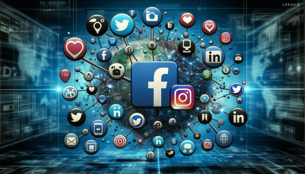 由 Facebook、Twitter、Instagram、LinkedIn 等不同社交媒体平台拼贴而成，象征着数字互联。