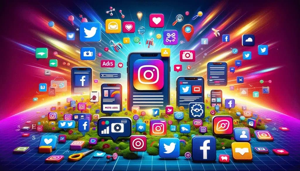 Divers formats de publicité sur les médias sociaux sur des plateformes telles que Facebook, Instagram et Twitter.
