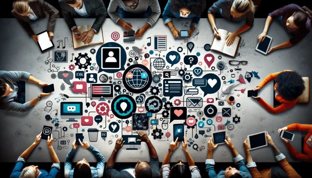 Diverse individuals engaging with social media, highlighting interactions like comments and likes.