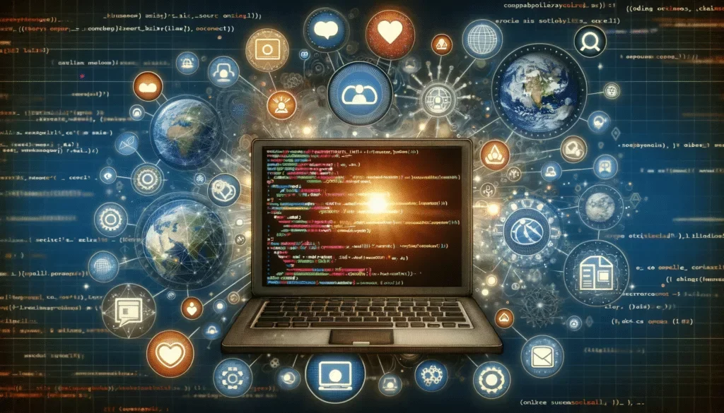 Ordinateur portable affichant un code source ouvert et des éléments d'interface de médias sociaux.
