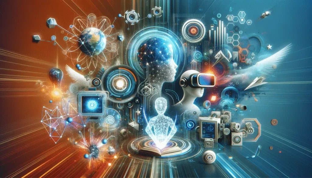 Futuristic social media trends with VR, AI, and advanced technology elements.