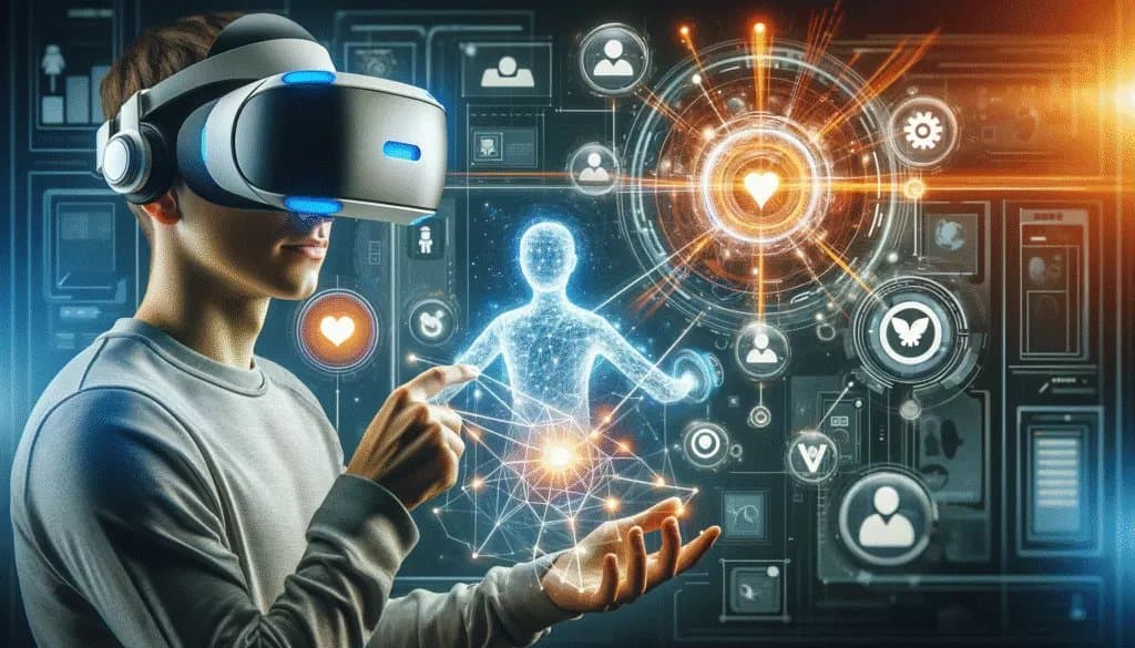VR 融入社交媒体的图片，展示了一个人使用 VR 头显获得身临其境的体验。