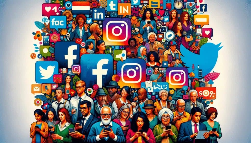Facebook、Instagram、Twitter 和 LinkedIn 上不同用户的拼贴画，代表全球社交媒体参与情况。